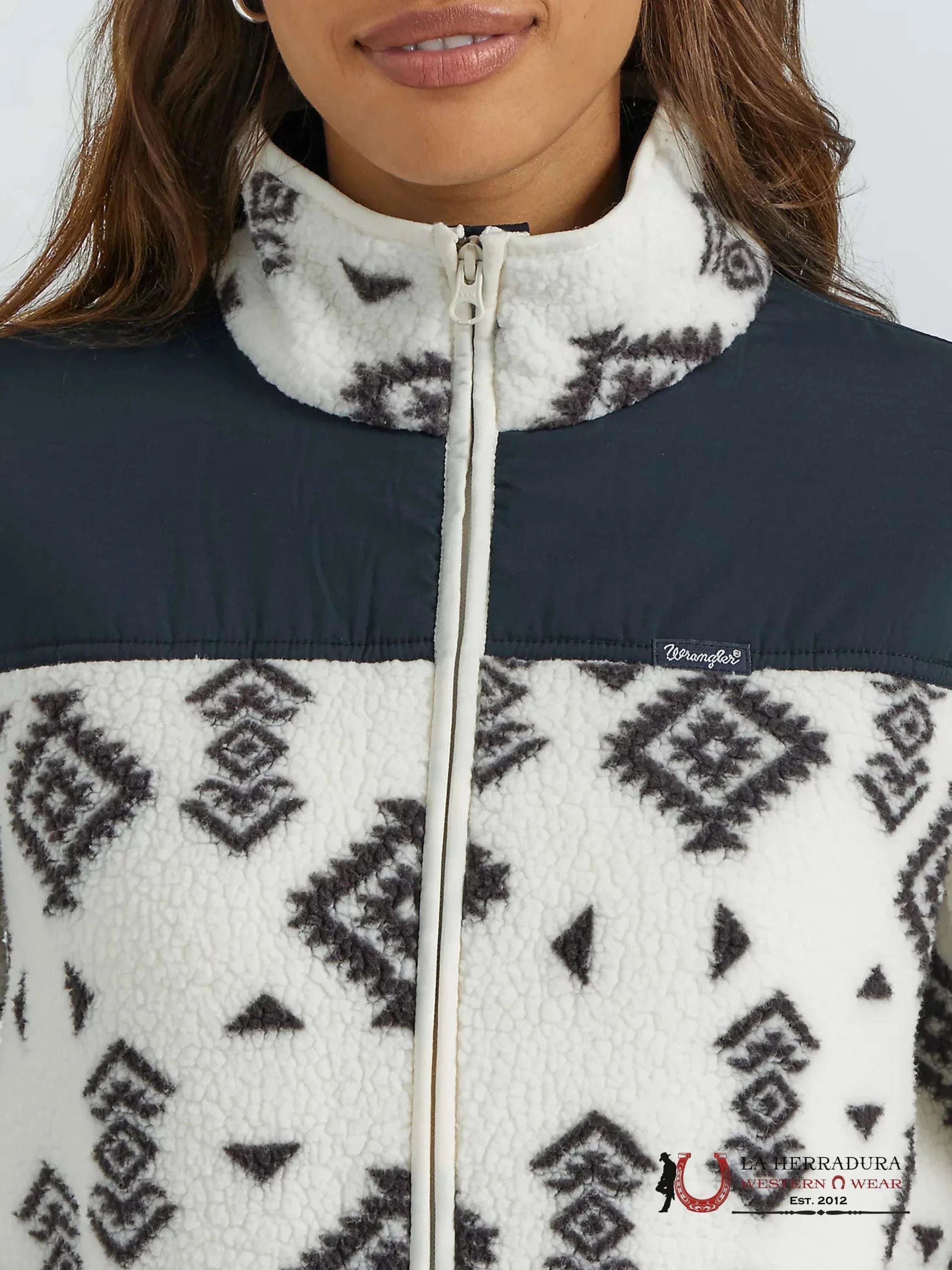 Wrangler Southwestern Contrast Sherpa Balck Aztec Design Full-Zip Ropa Mujeres