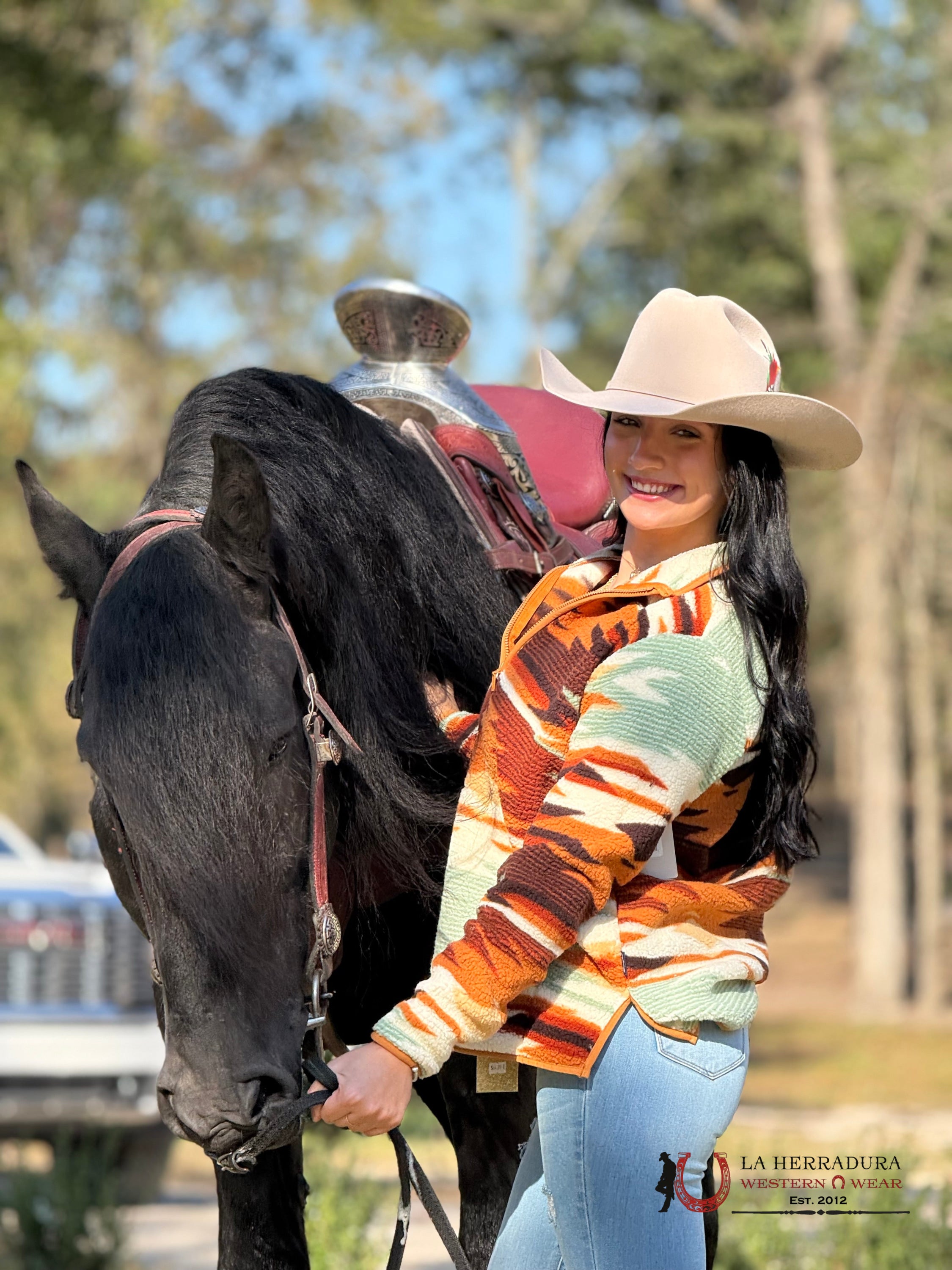 Wrangler Southwestern Green / Oramge Contrast Sherpa Pullover Ropa Mujeres