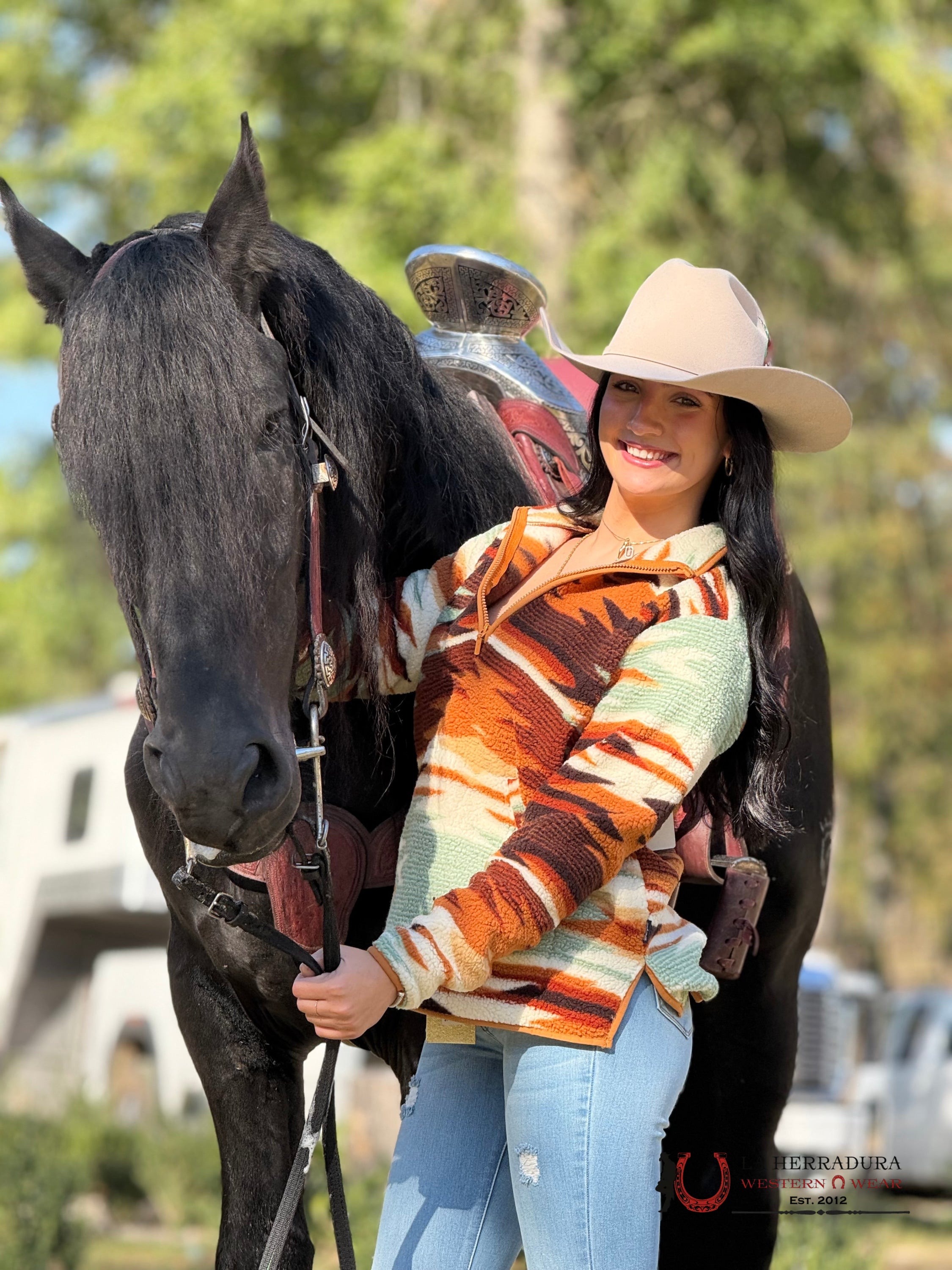Wrangler Southwestern Green / Oramge Contrast Sherpa Pullover Ropa Mujeres