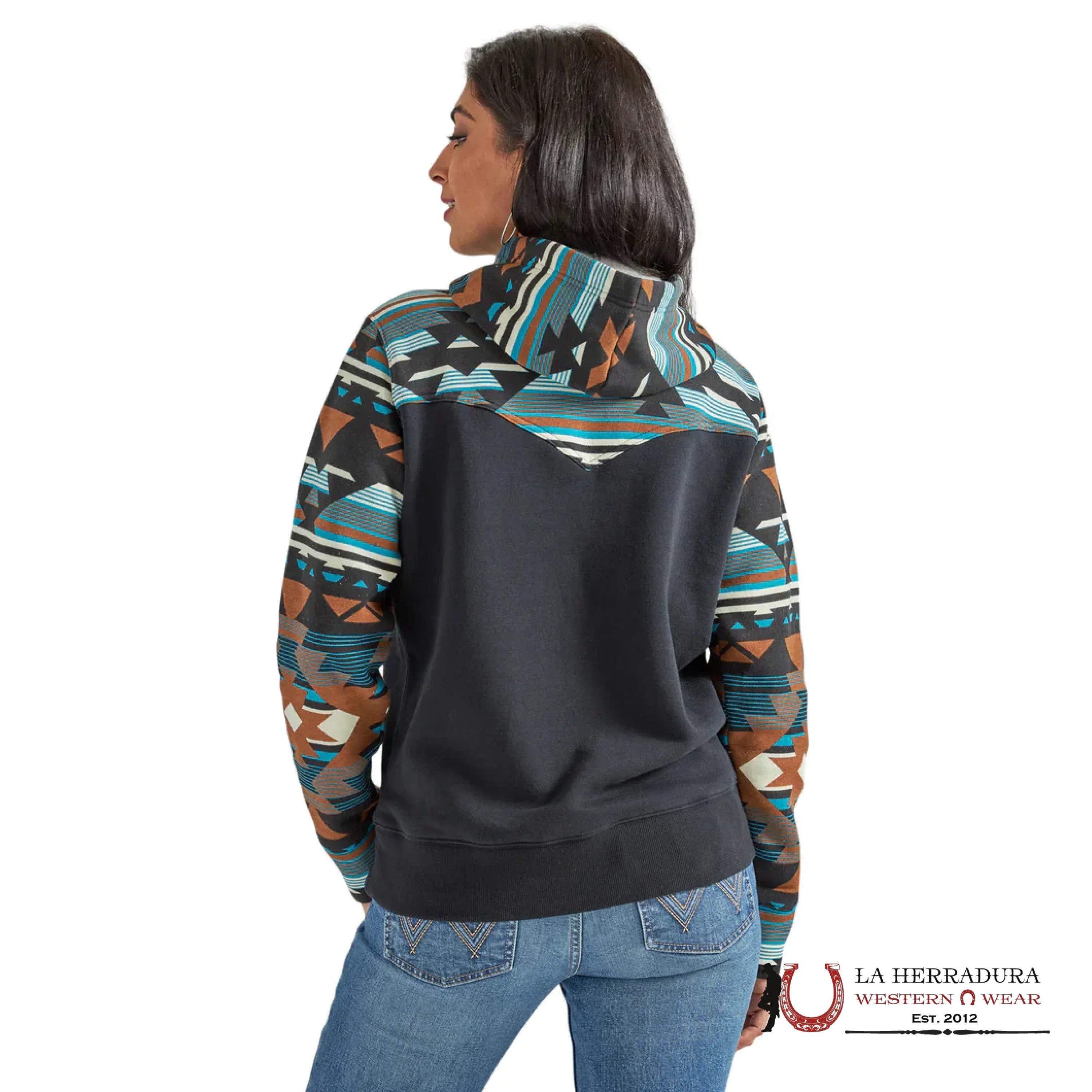 Wrangler Women Black Hoodie W/ Teal Aztec Sleeve Ropa Mujeres