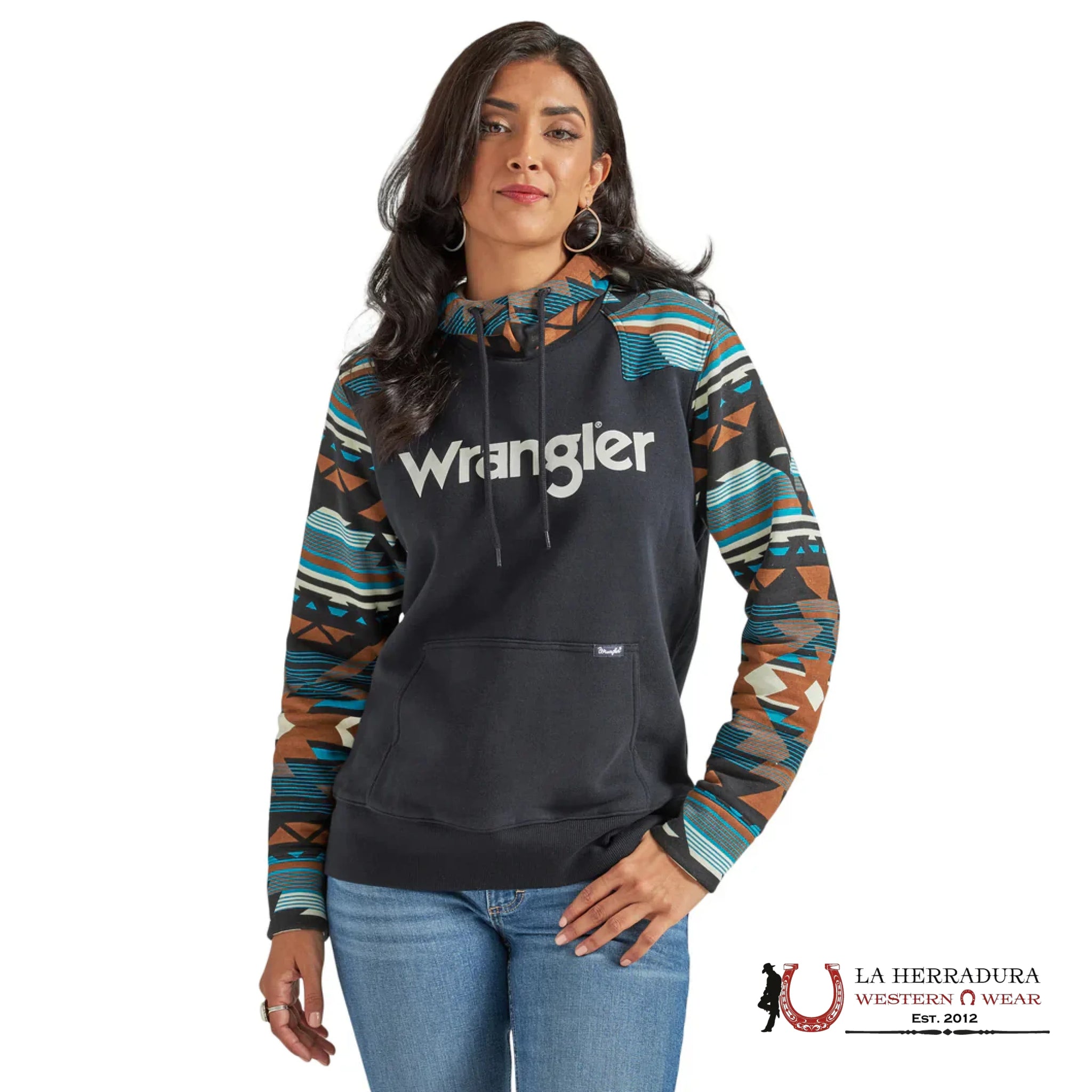 WRANGLER WOMEN BLACK HOODIE W/ TEAL AZTEC SLEEVE 112339556
