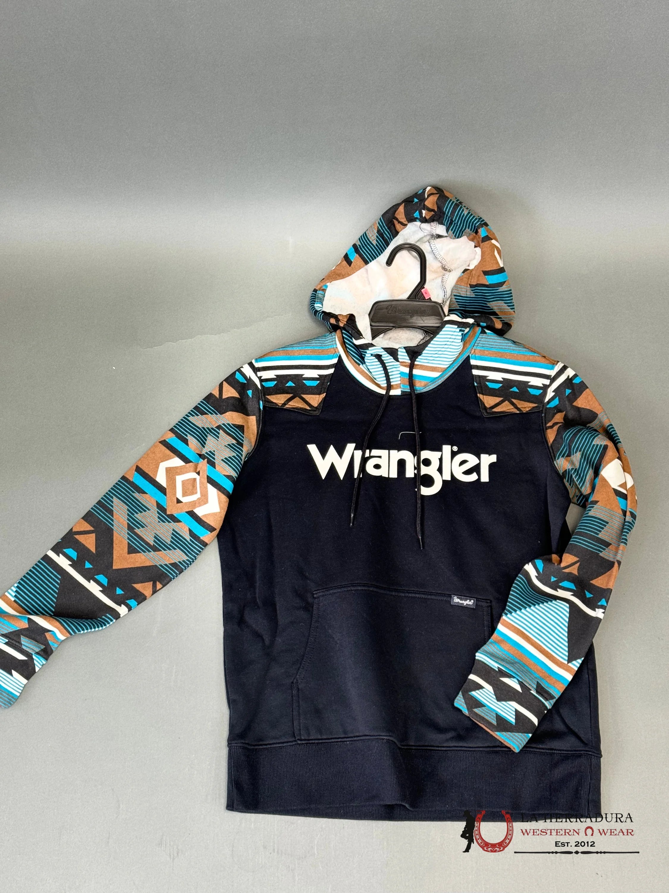 Wrangler Women Black Hoodie W/ Teal Aztec Sleeve Ropa Mujeres
