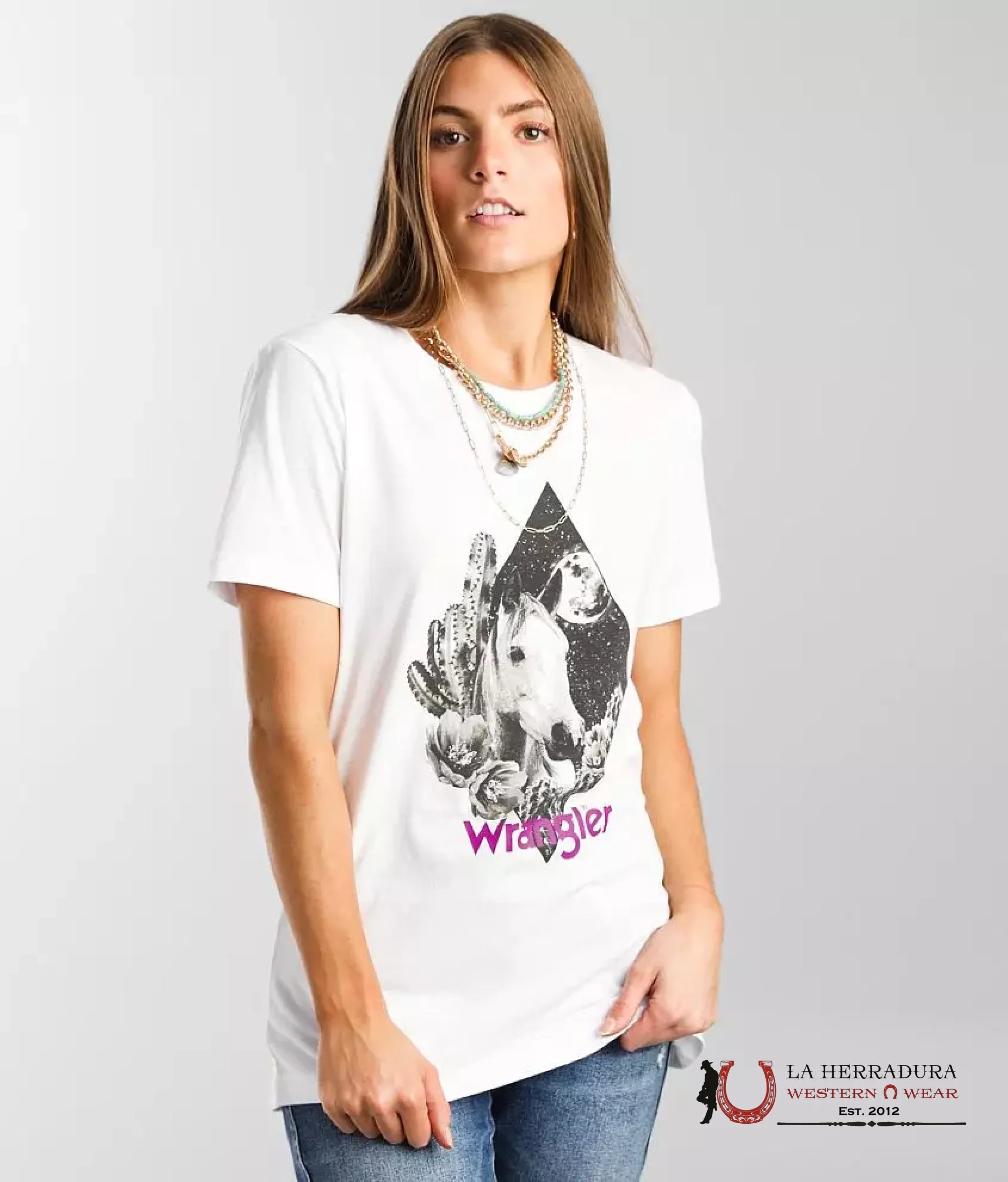 WRANGLER WOMEN SHORT SLEEVE SHIRT SHIRT WHITE & BLACK HORSE LOGO LWK452W ROPA MUJERES