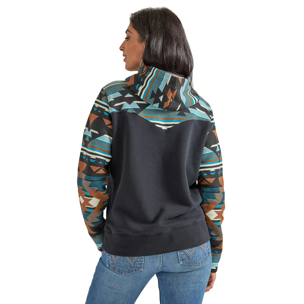 WRANGLER WOMEN BLACK HOODIE W/ TEAL AZTEC SLEEVE