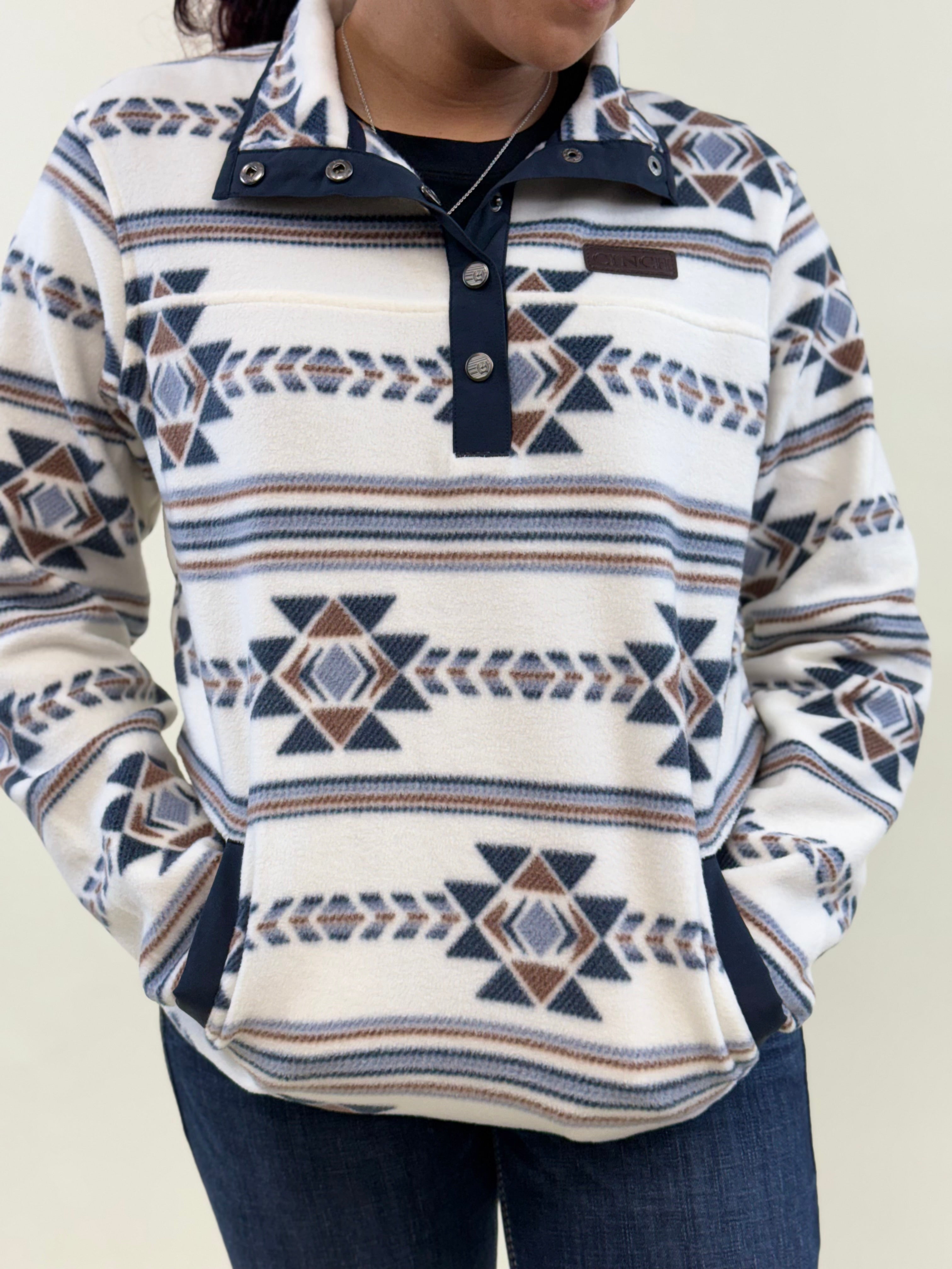 Cinch Womens Pullover Navy/Brown White & Aztec Pattern