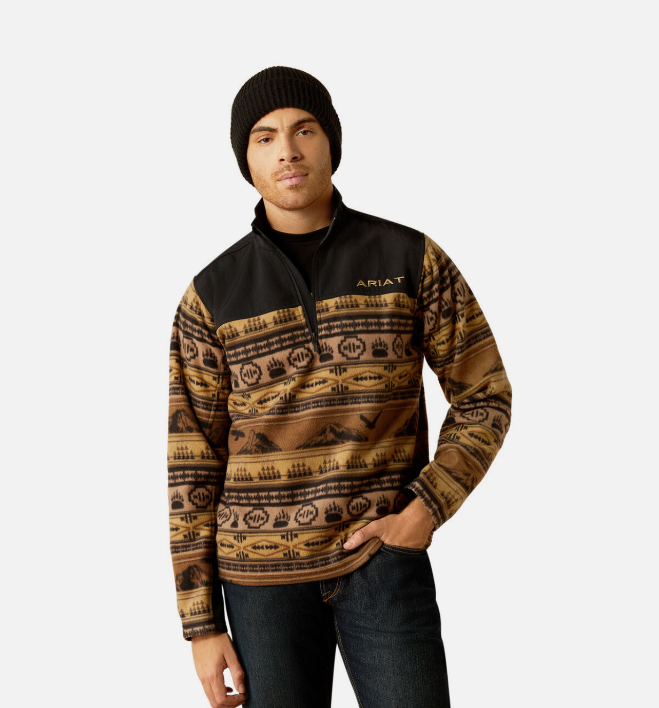 ARIAT BROWN SCENIC SERAPE BASIS 2.0 1/4 ZIP SWEATSHIRT- 2732