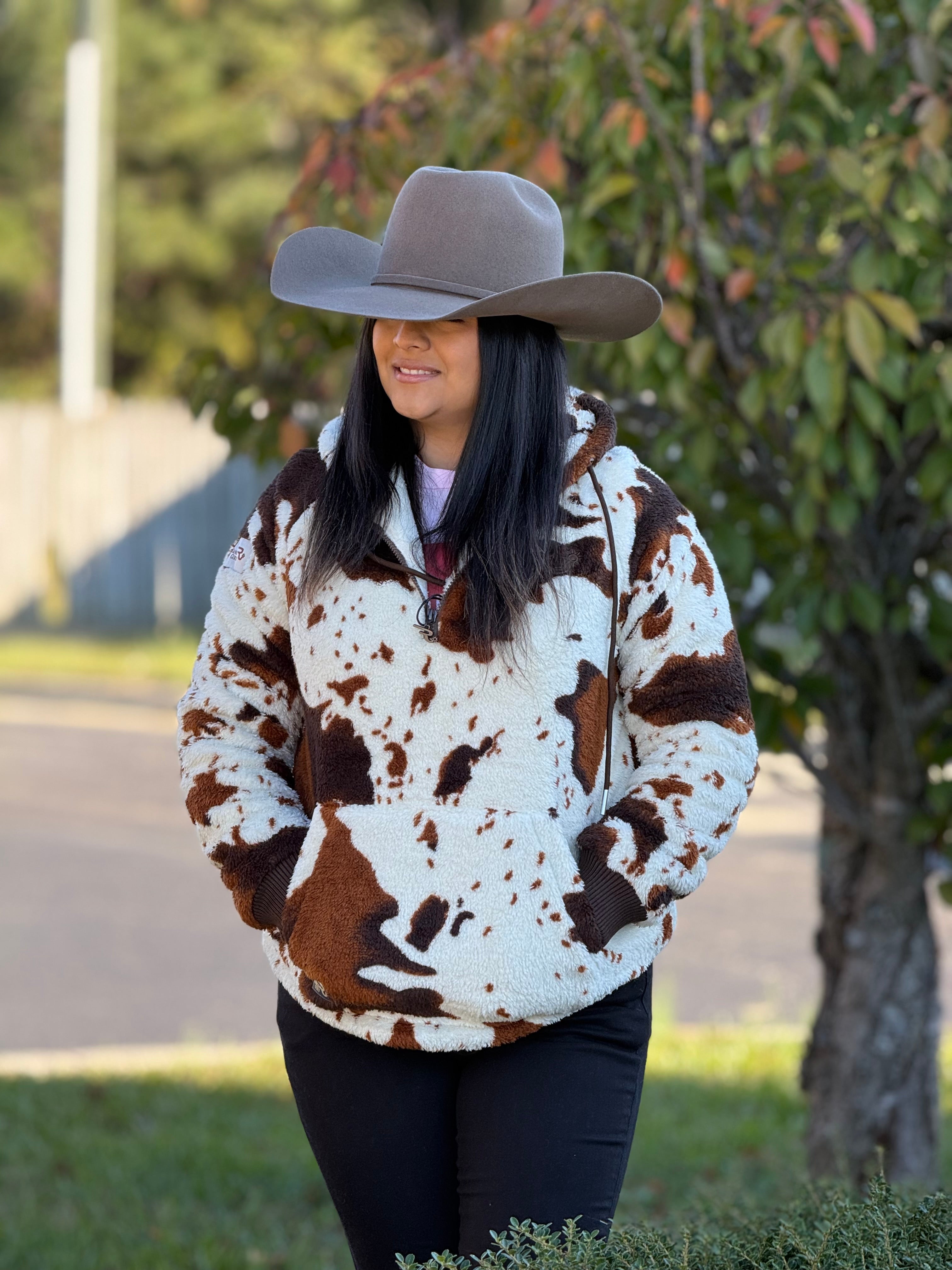 RANCH GIRL COW PATTERN HALF ZIP HOODIE- 6631