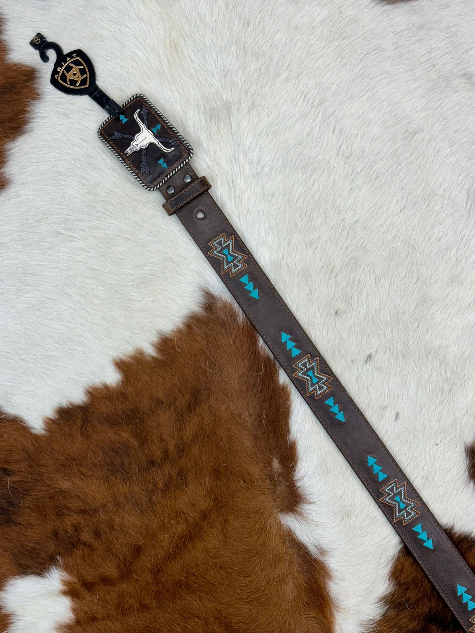 ARIAT BELT DARK BROWN AZTEC TURQUOISE LONGHORN BUCKLE