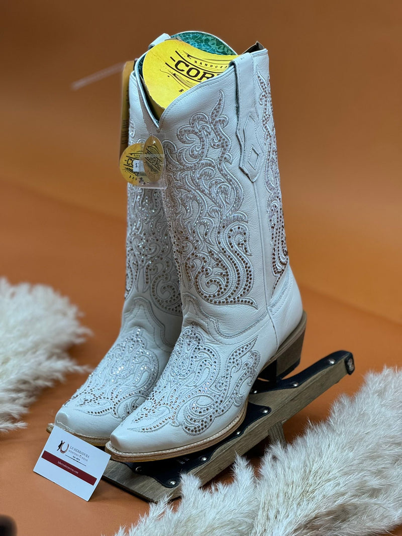CORRAL WHITE EMBROIDERY & CRYSTALS POINT TOE BOOT C4103