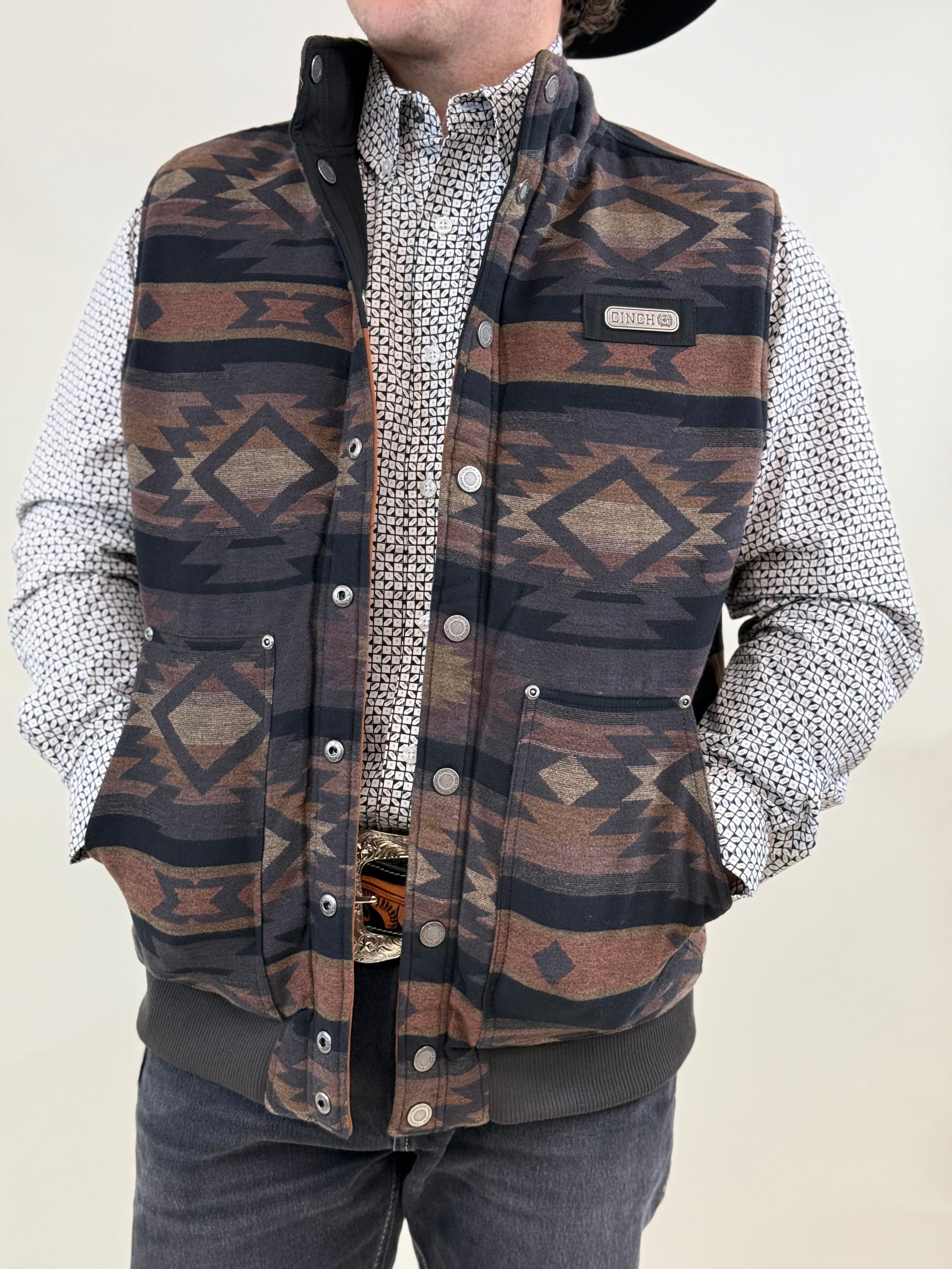 MENS CINCH REVERSIBLE QUILTED VEST- BROWN/ NAVY