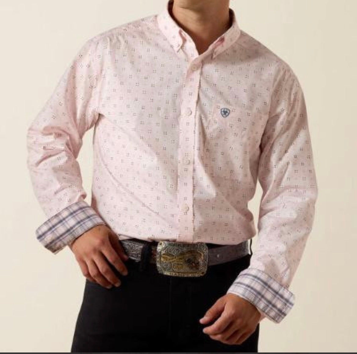 ARIAT MEN WF WALLY FTD LS SHRT BARELY PINK GEO PRINT 10073690