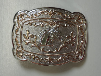 SILVER & GOLD HORSE HEAD ROUND BUCKLE