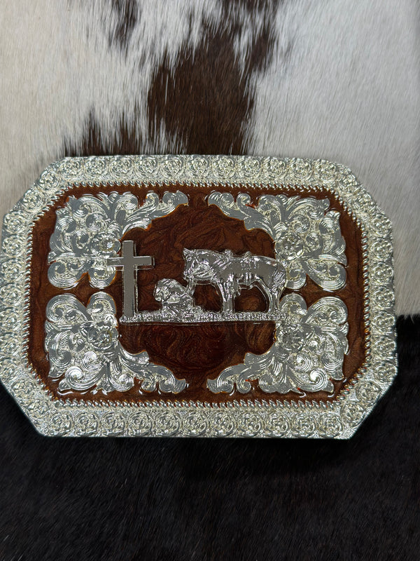 SQUARE CUT SILVER MARBLE CROSS & HORSE BUCKLE