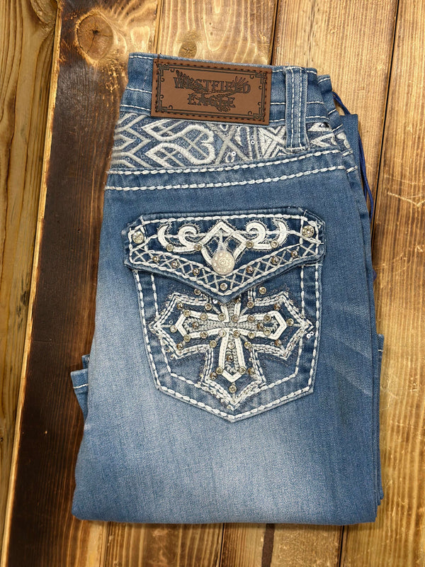 PANTALONES VAQUEROS VAQUEROS DE MUJER DE CORTE DE BOTA CON ETIQUETA WESTFIELD EAGLE CROSS RHINESTONE LAVADO CLARO WT-123