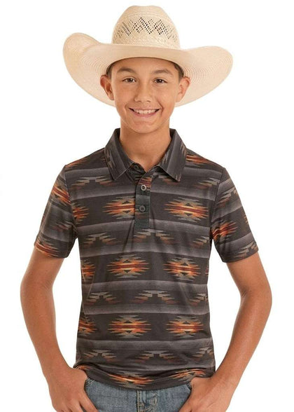 ROCK & ROLL BOYS AZTEC PRINTED POLOS CHARCOAL - BB51T08720