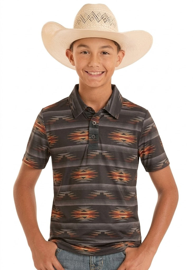 ROCK & ROLL BOYS AZTEC PRINTED POLOS CHARCOAL - BB51T08720
