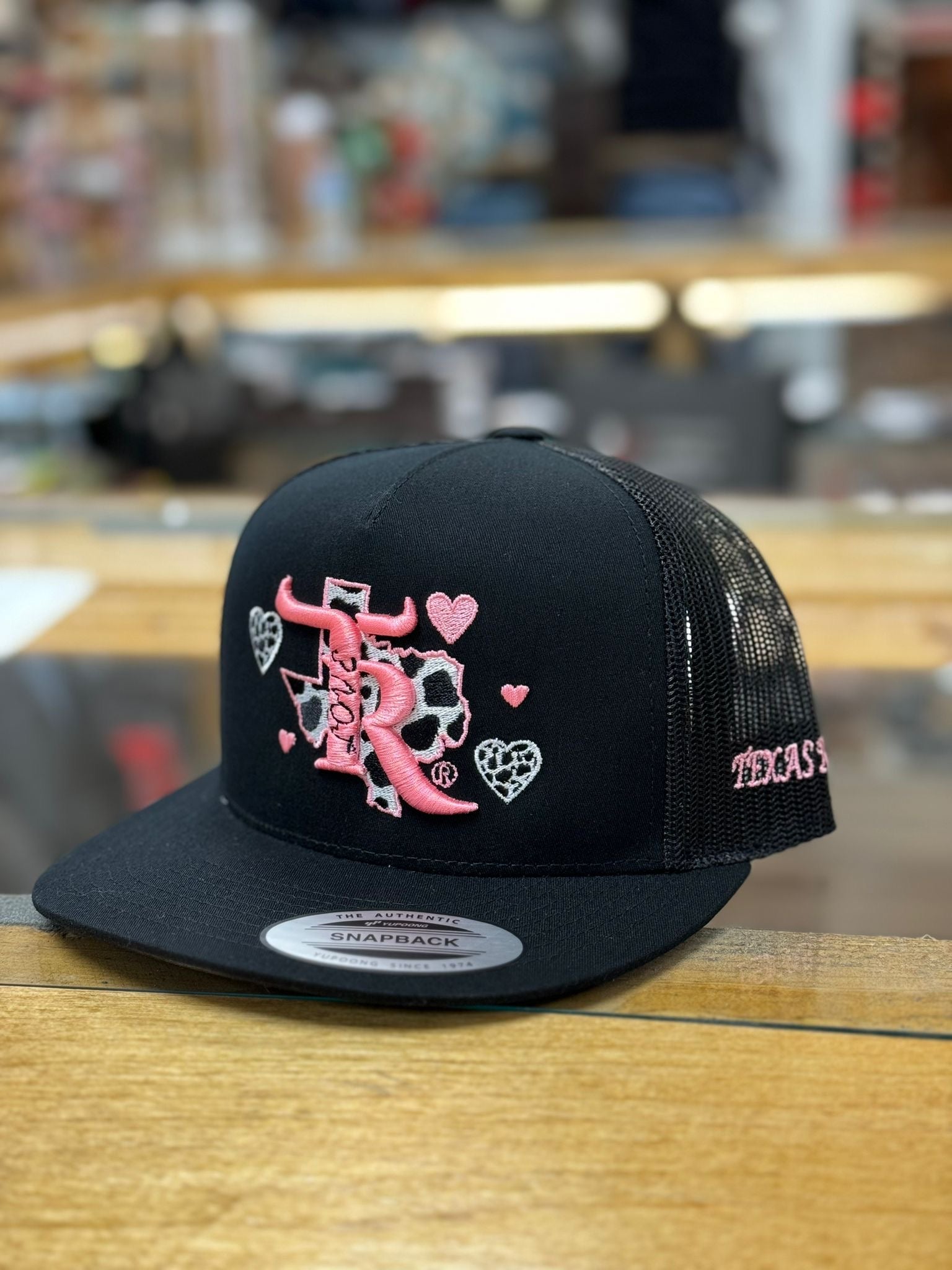 TEXAS RANCH ALL BLACK COW PRINT LOVE CAP