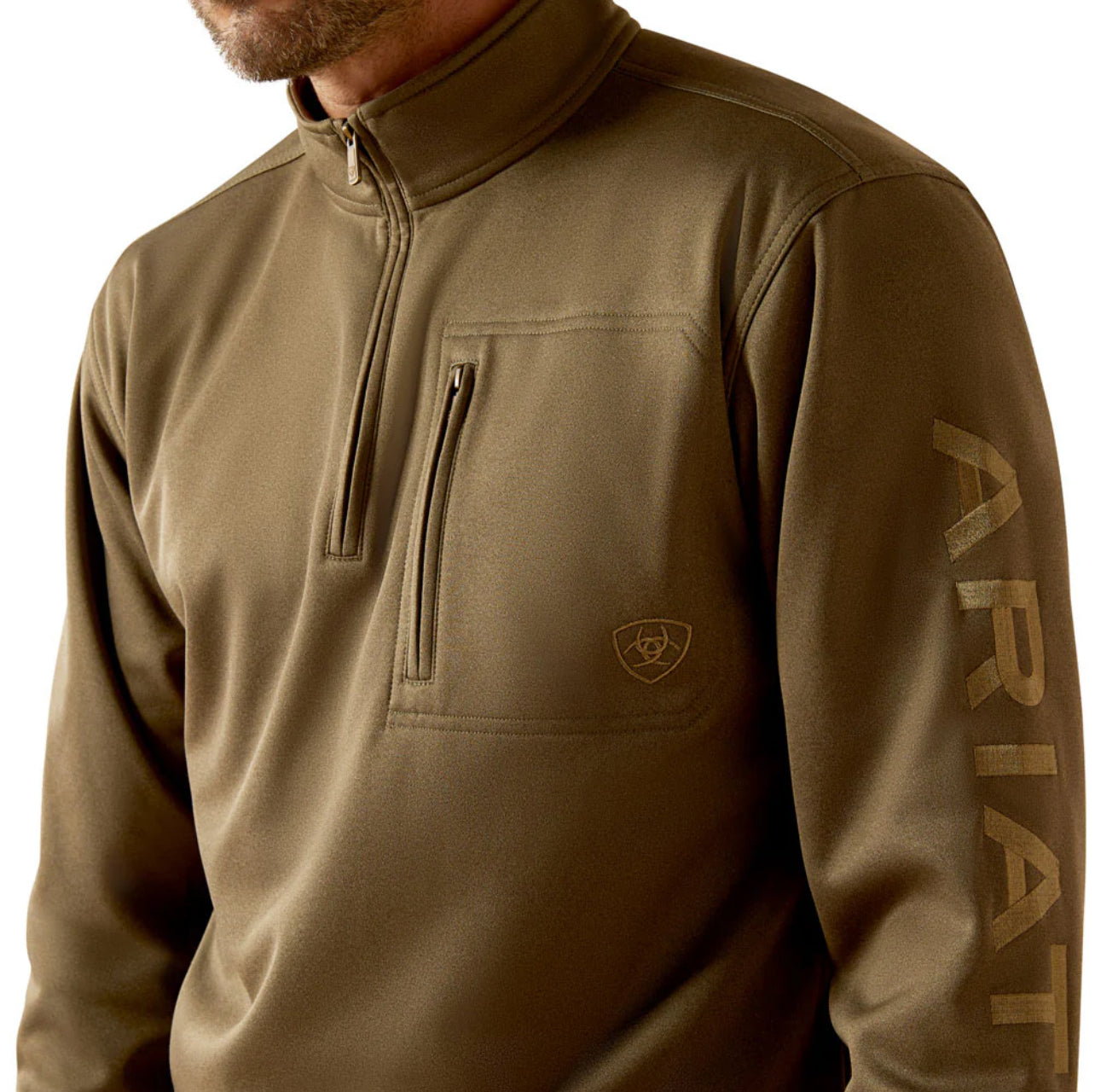 ARIAT BRINE OLIVE/BROWN TEAM LOGO 1/4 ZIP UP SWEATER- 2809