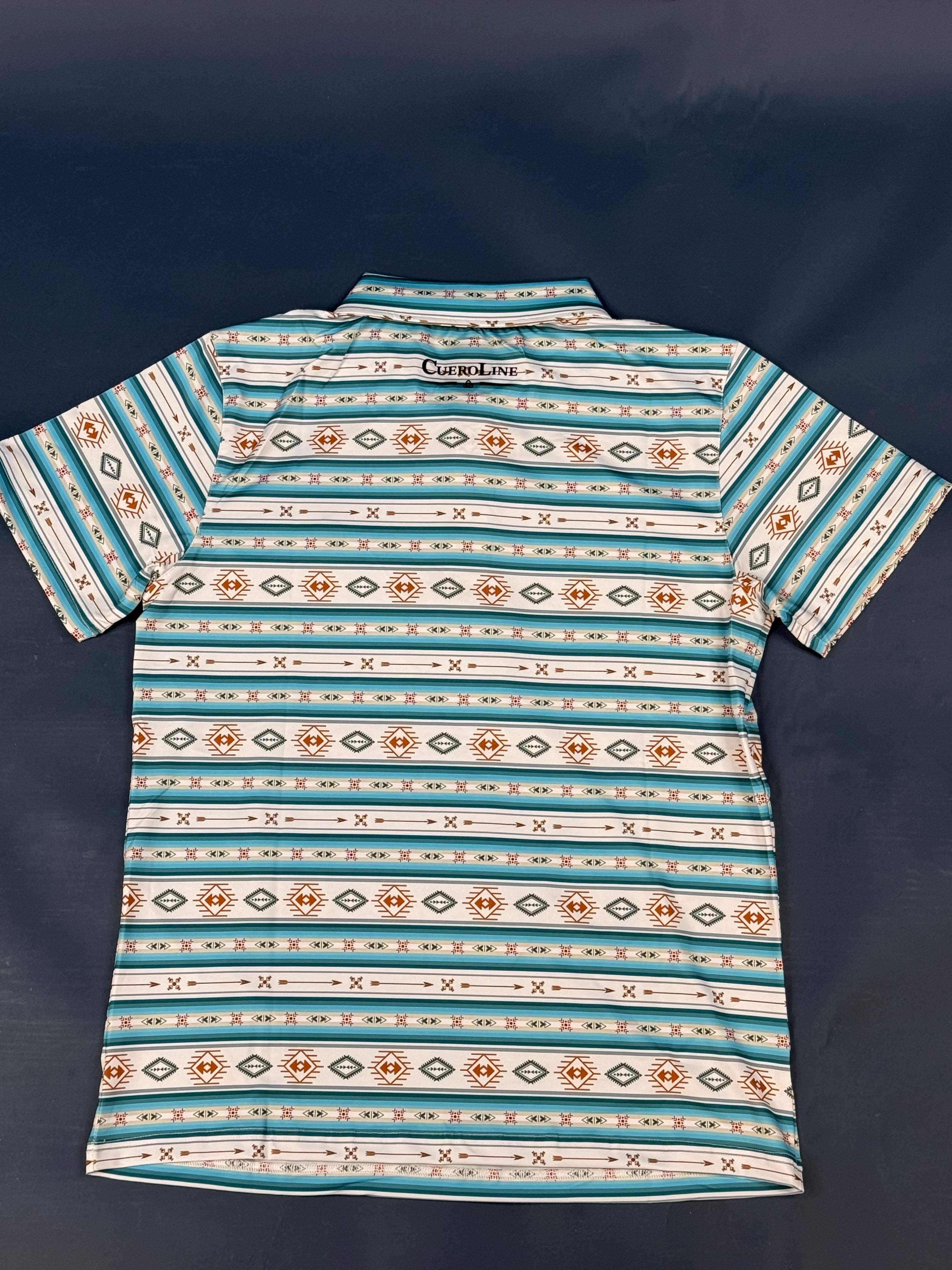 CUERO LINE MEN’S BLUE AND WHITE STRIPED AZTEC POLO