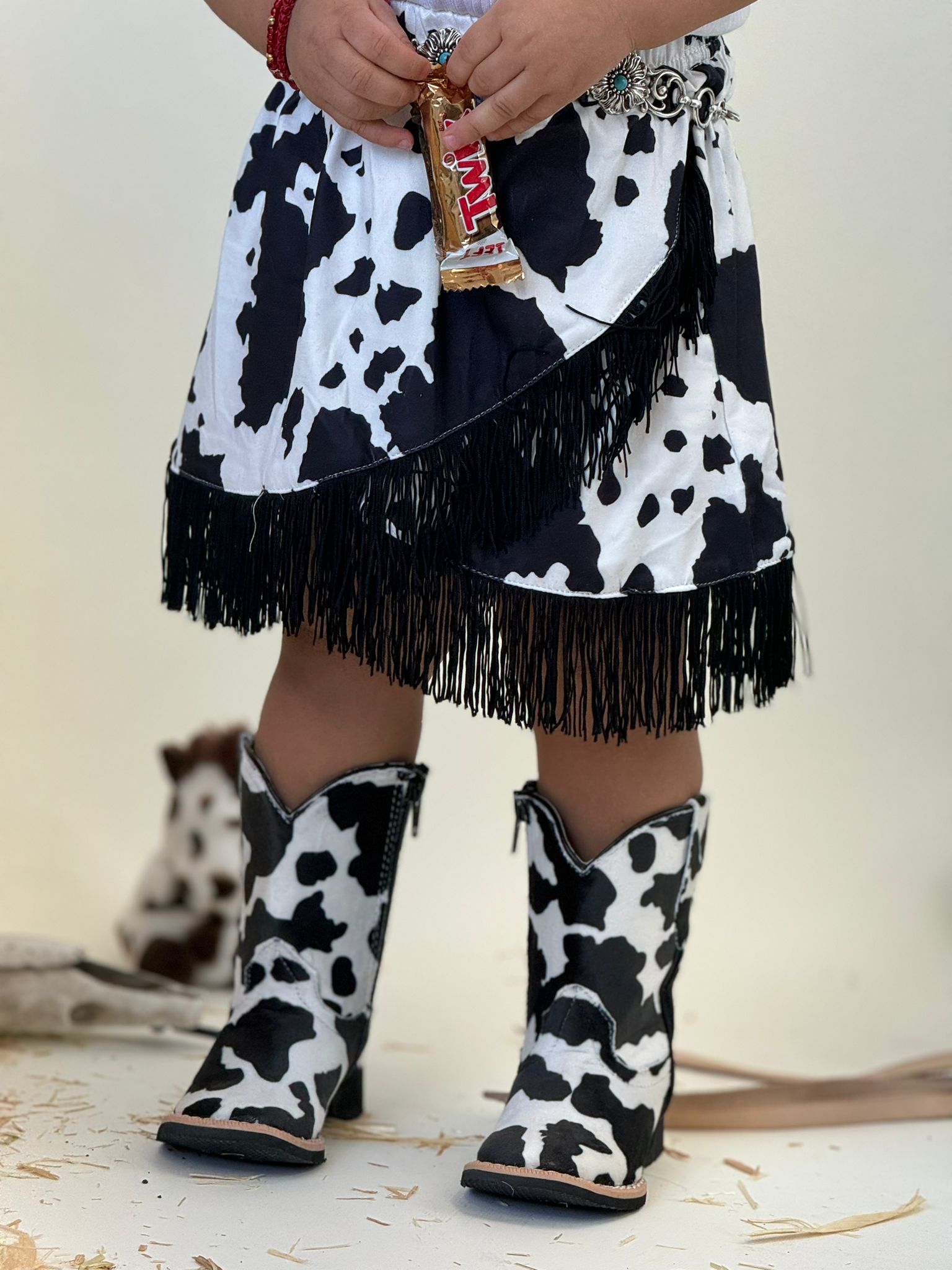 SHEA BABY BLACK COW PRINT FRINGE SKIRT TODDLER