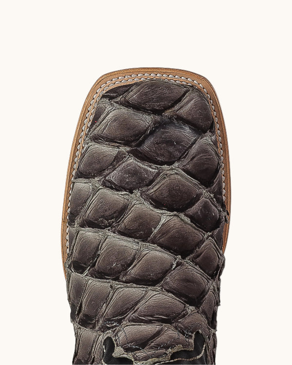 Close-up of the square toe of a dark brown alligator or crocodile-embossed leather boot on a white background.