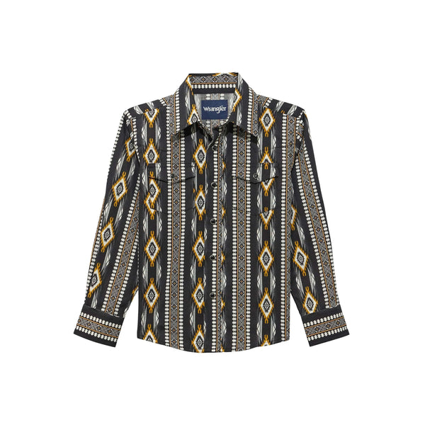 CAMISA AZTECA MANGA LARGA CON BROCHES PURAL PARA NIÑO WRANGLER NEGRO NARANJA 112374911