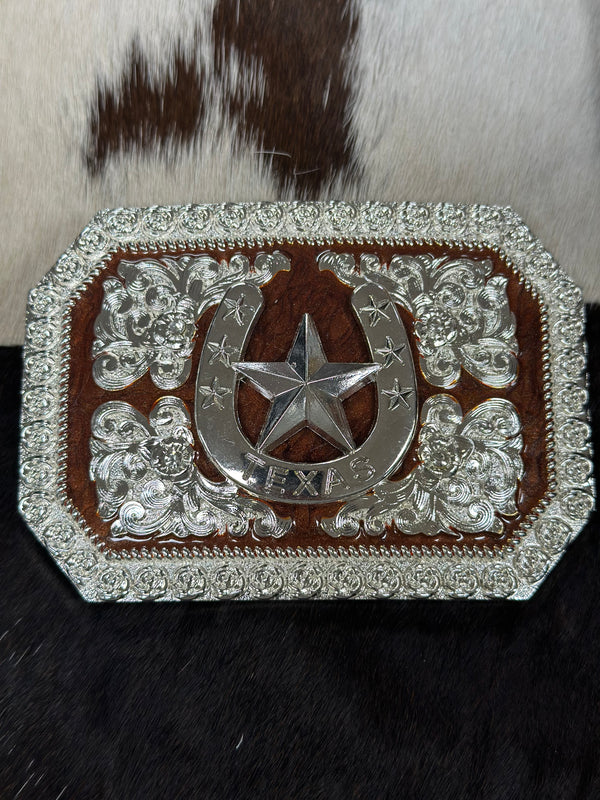SQUARE CUT SILVER MARBLE TEXAS STAR BUCKLE