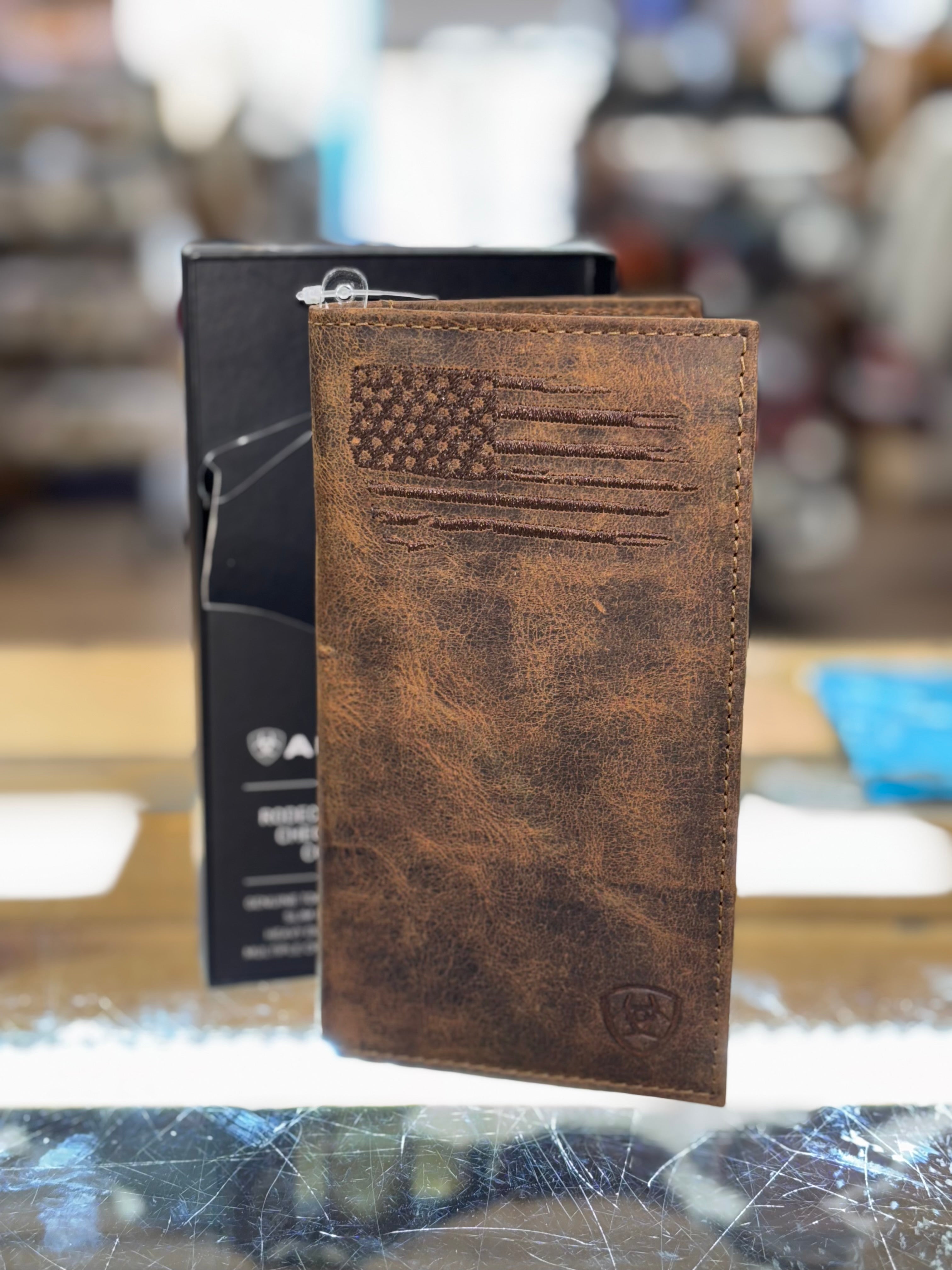 ARIAT RODEO WALLET CHECKBOOK COVER BROWN WITH BROWN FLAG