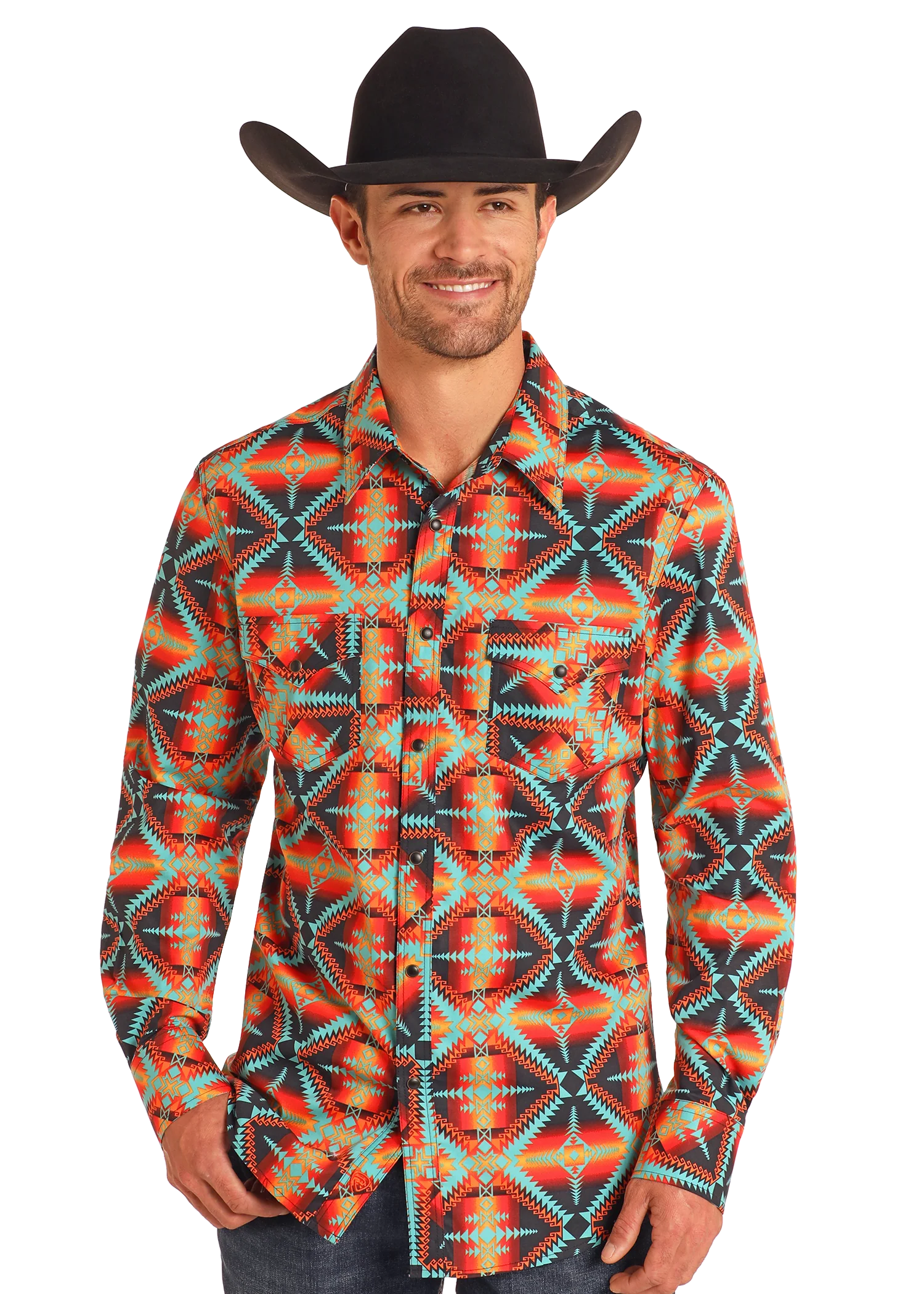 ROCK&ROLL SLIM FIT RED AZTEC LONG SLEEVE SNAP SHIRT - 4738