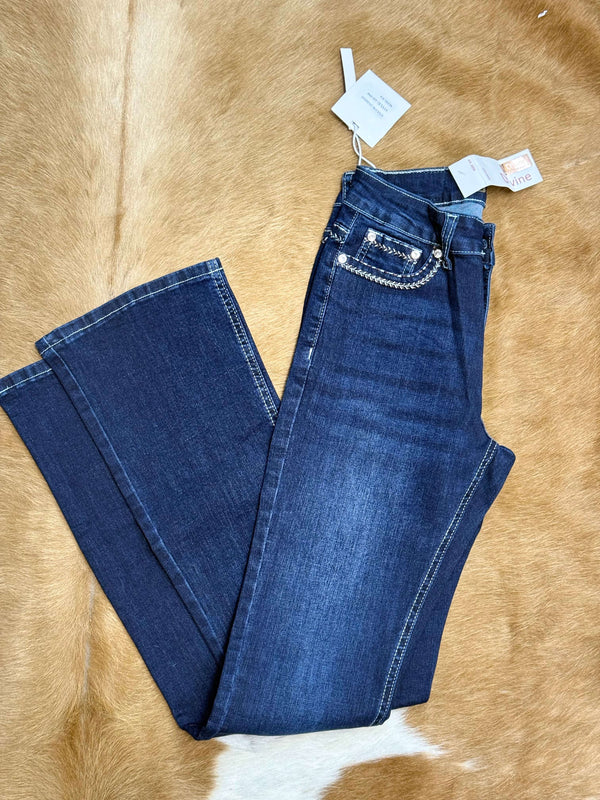 D’VINE ÍNDIGO OSCURO AZUL JEAN CORTE BOTA LARGO BORDADO MARRÓN Y NARANJA HORS FATHERS AD-590