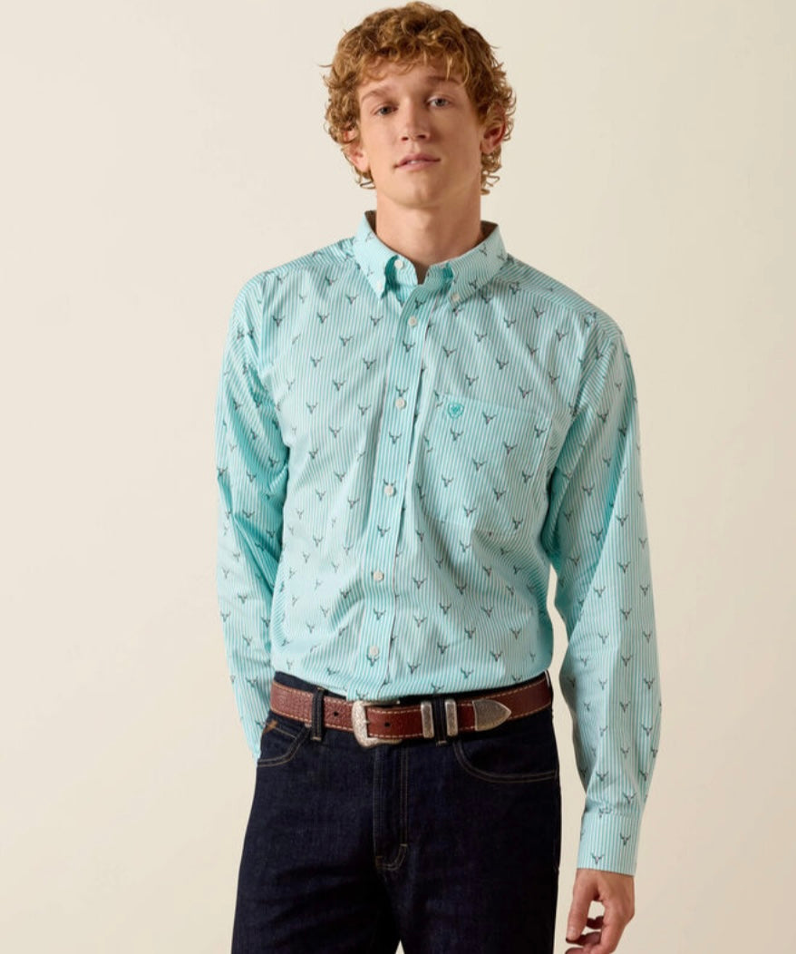 ARIAT MENS CLASSIC FIT WRINKLE FIT TURQUOISE STEER HEAD STRIP - 10073687