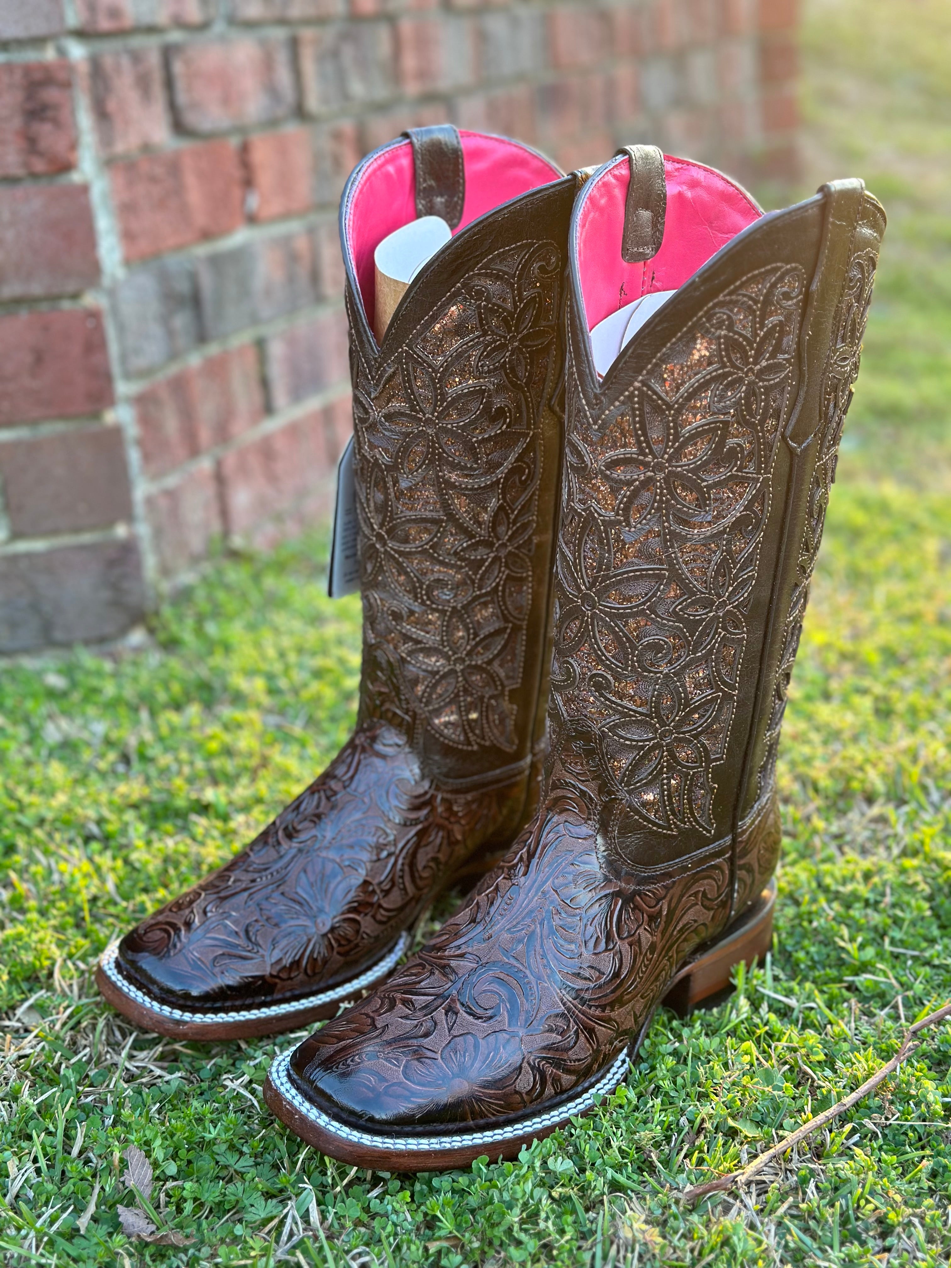 WOMENS FLOR DE LUZ HAND TOOLED BROWN SQUARE TOE ALMA