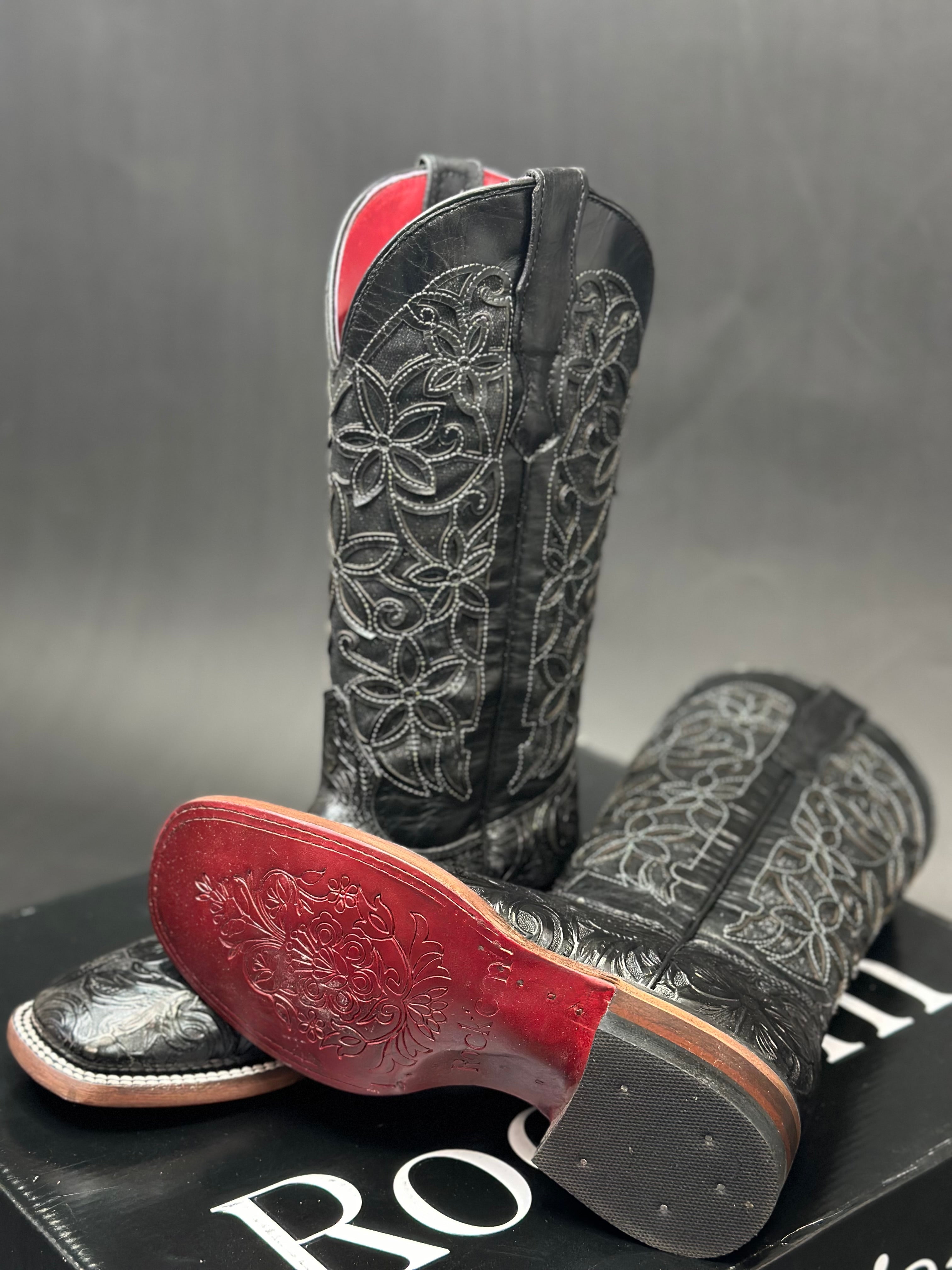 WOMENS FLOR DE LUZ HAND TOOLED BLACK RED BOTTOM SQUARE TOE