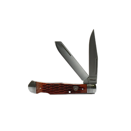 ARIAT LOGO STEEL & BROWN FOLDING KNIFE - A710010902-M