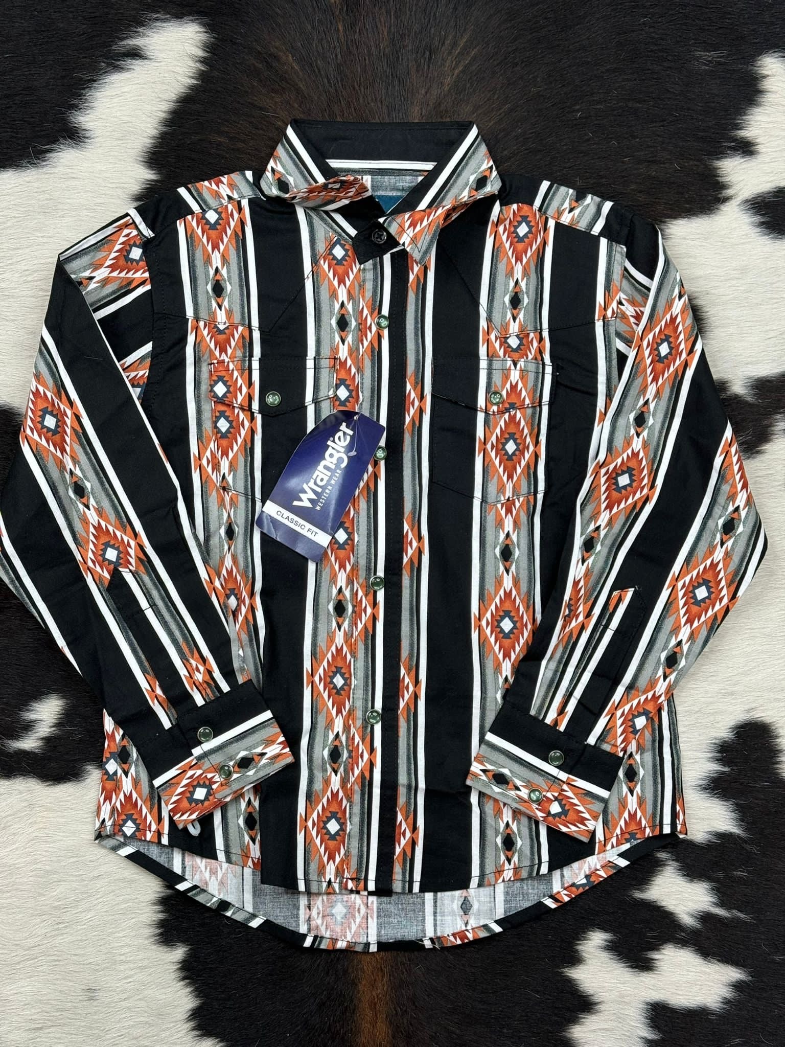 WRANGLER BLACK ORANGE AZTEC LONG SLEEVE SNAP