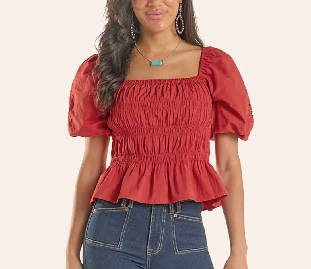 ROCK&ROLL WOMENS - RED EMBROIDERED SLEEVE TOP - BW51T08779