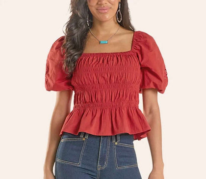 ROCK&ROLL WOMENS - RED EMBROIDERED SLEEVE TOP - BW51T08779