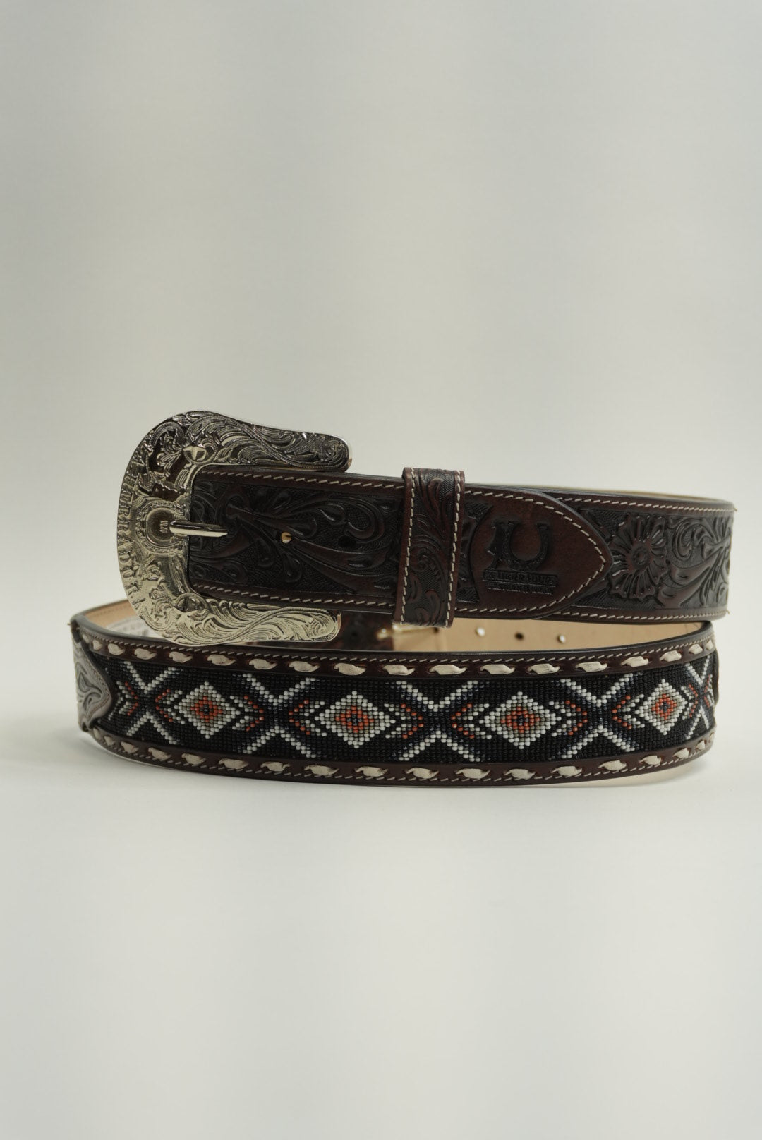 LA HERRADURA BELT 2 INCH AZTEC BROWN/ NAVY BLUE WITH ORANGE NEW DESIGN