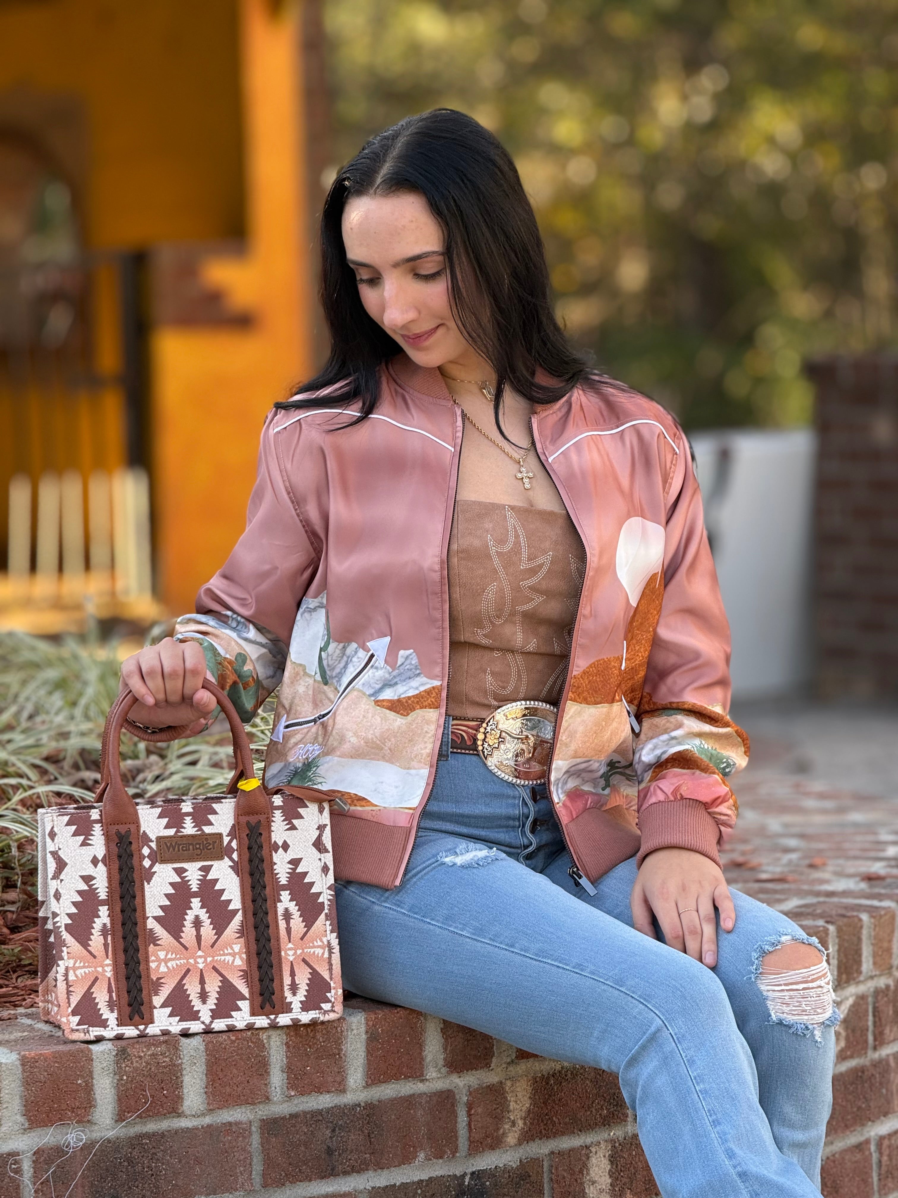 HOOEY LADIES BOMBER JACKET PINK WITH DESERT LANDSCAPE