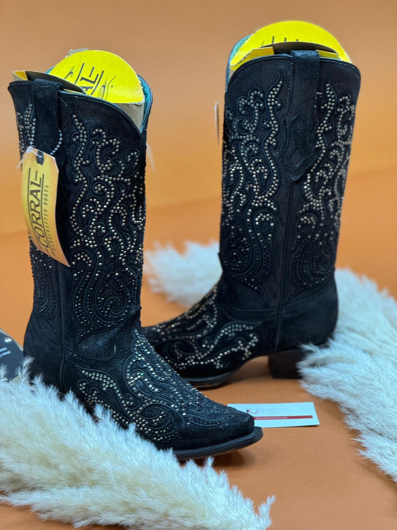 CORRAL BLACK EMBROIDERY & CRYSTALS POINT TOE BOOT C4100