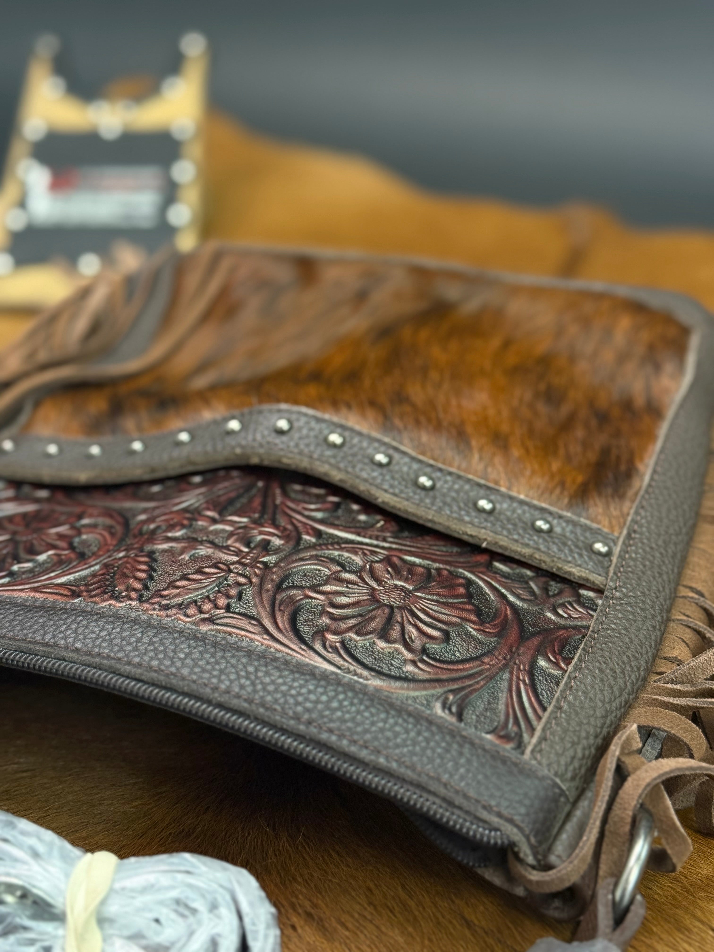 CROSSBODY BAG BROWN HAND TOOLED BLACK & WHITE COWHIDE FRINGE