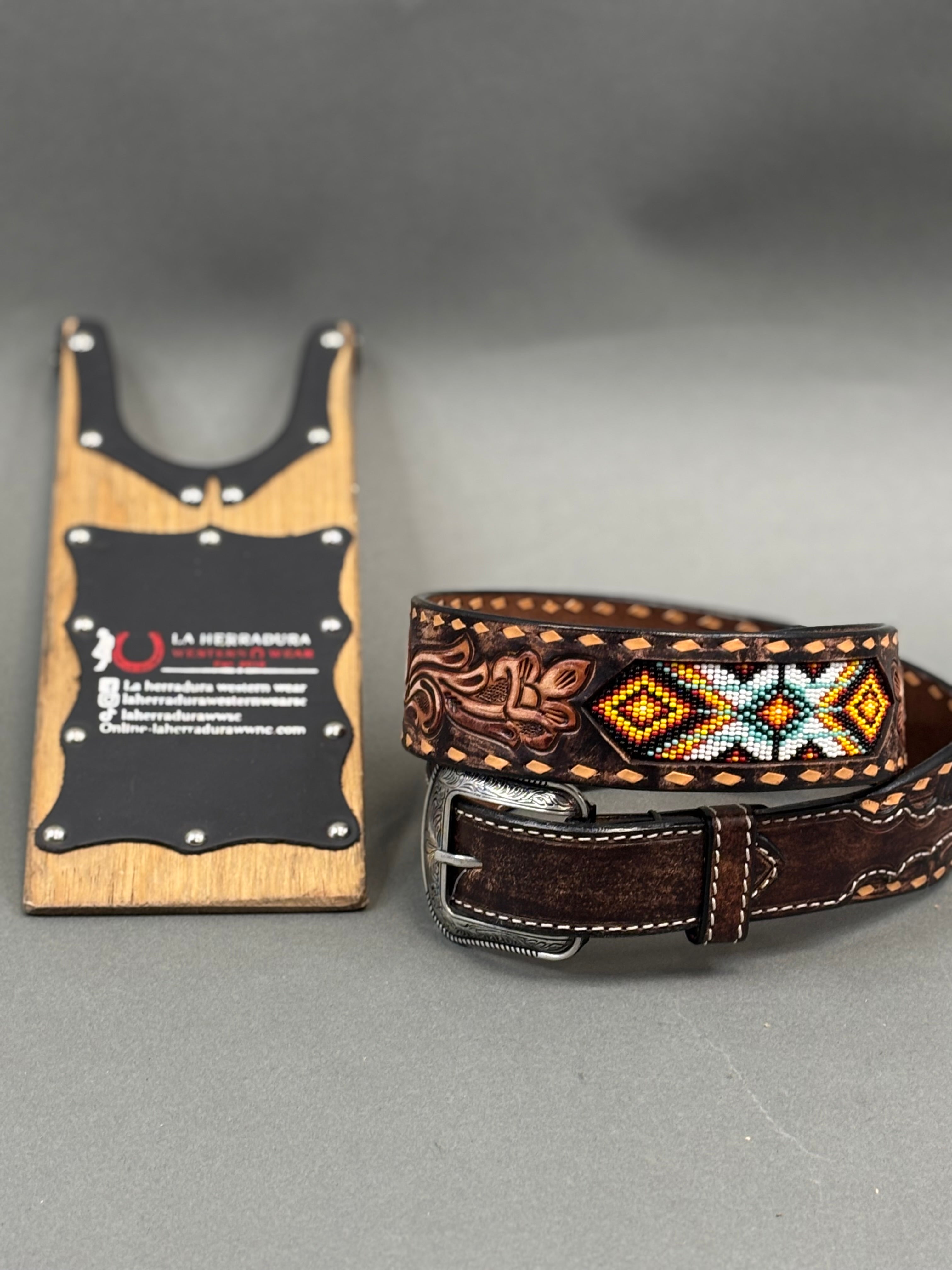 3D BROWN TOOLED AZTEC BEADED BELT