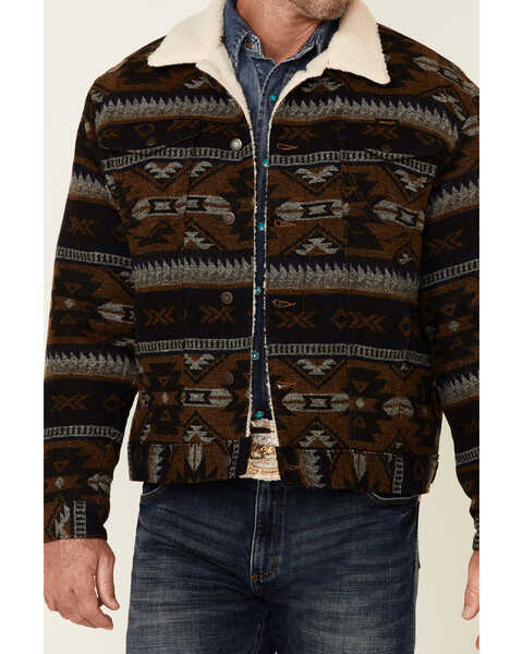 Wrangler Men's Brown Whiskey Jacquard Southwestern Print Button-Front Sherpa Jacket