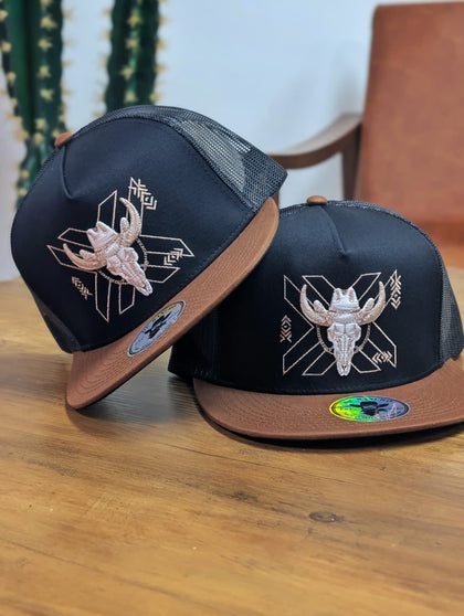 DE RANCHO HATS SNAPBACK BULL SKULL BLACK AND BROWN