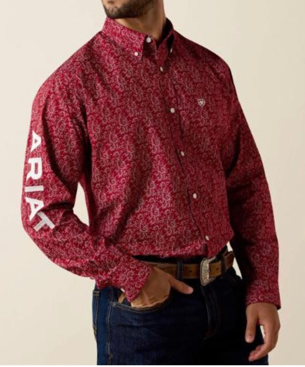 ARIAT MEN TEAM DYLAN LS SHRT RED SCROLL PRINT/WHITE 10073628
