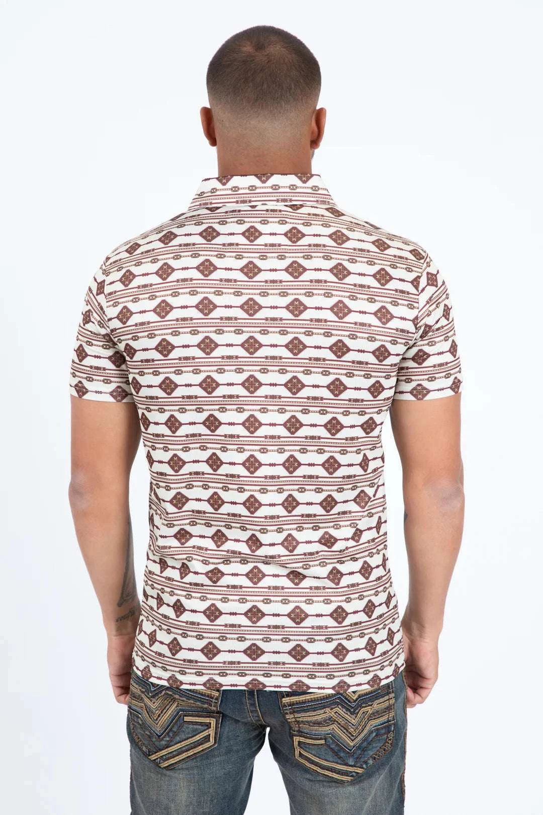 PLATINI MENS PERFORMANCE FABRIC MODERN FIT STRETCH AZTEC PRINT POLO BEIGE  PGP11433 Laherradurawwnc.com