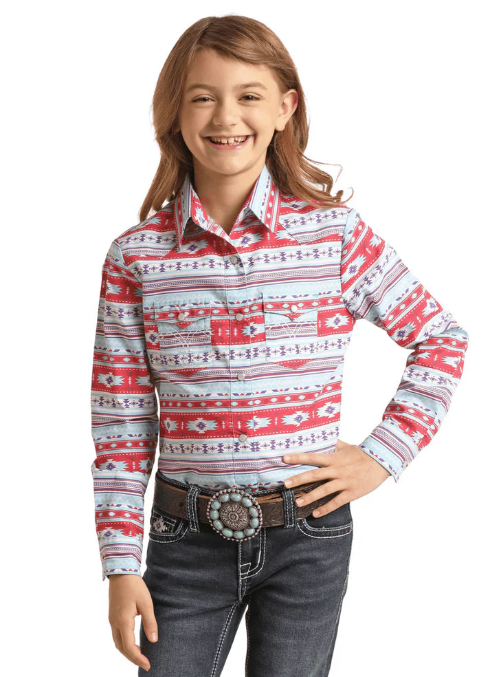 PANHANDLE GIRLS LS PRINT SNAP BLOUSE LIGHT TURQUOISE WLGSOSRZHT