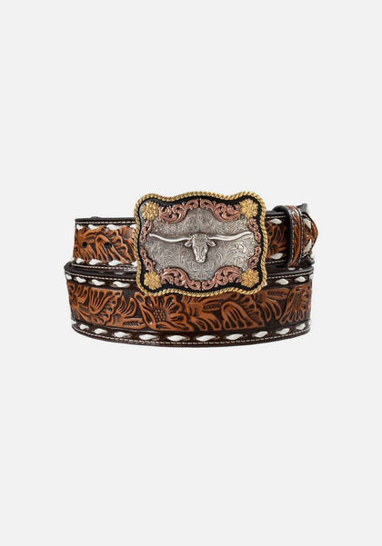 CINTURÓN OCCIDENTAL NOVONA DE CUERO MARRÓN GRABADO FLORAL PARA HOMBRE -N210010502
