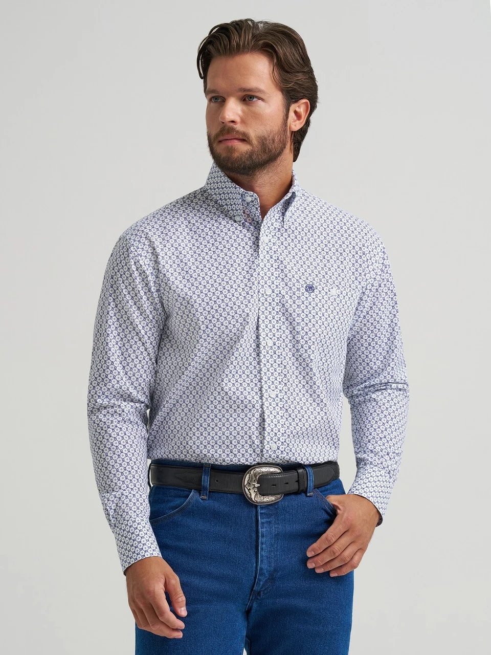 WRANGLER RELAXED FIT BLUE/WHITE PRINT MEN SHIRT- 112479162