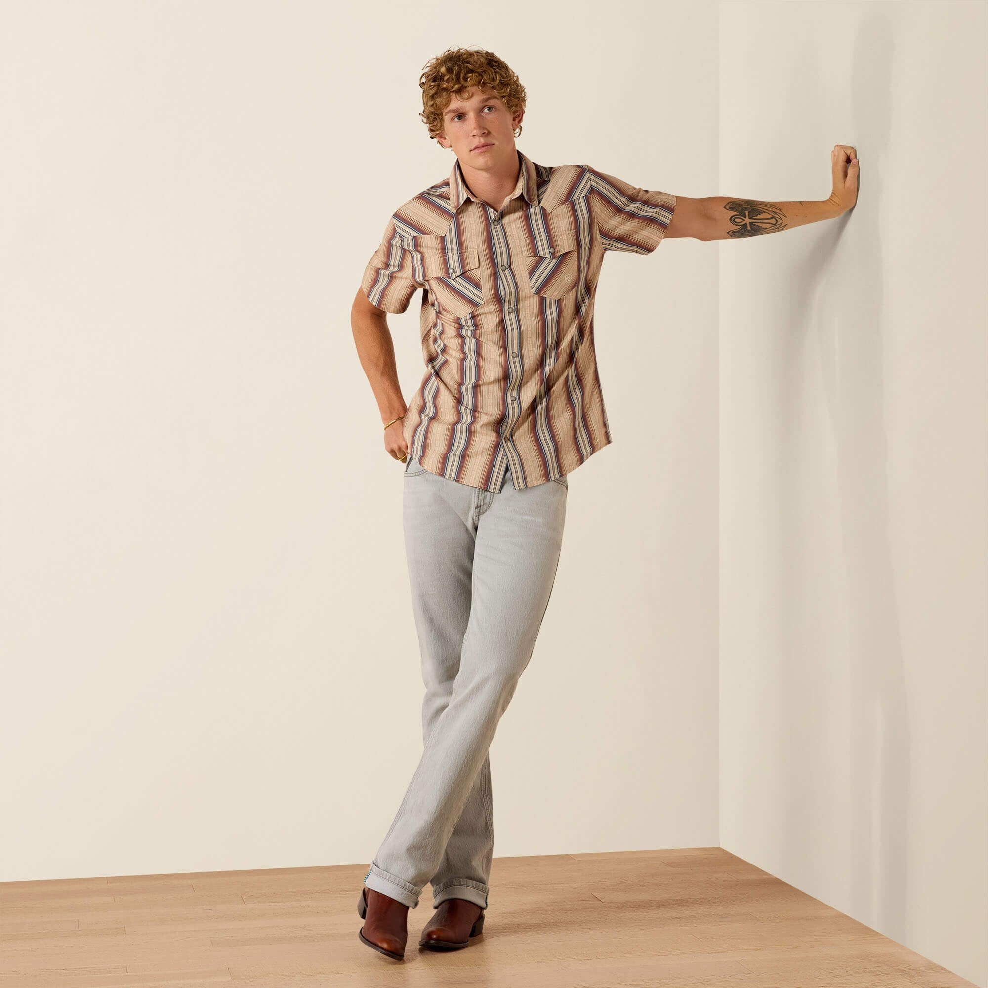 ARIAT MEN RETRO HAVER FTD SS SNP SHRT COPPER BROWN STRIPE 10071087